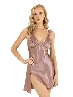 Ahu Lingerie Derin Yırtmaçlı Vizon Kısa Saten Gecelik Ahu Primoda 8237 