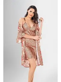 Ahu Lingerie Desenli 2Li Kısa Gecelik Sabahlık Takımı Ahu Loriva 1926