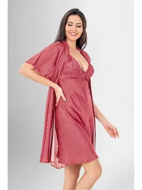 Ahu Lingerie Desenli 2Li Kısa Kollu Sabahlık Gecelik Takımı Ahu Loriva 1940