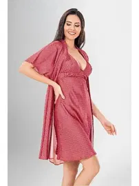 Ahu Lingerie Desenli 2Li Kısa Kollu Sabahlık Gecelik Takımı Ahu Loriva 1940