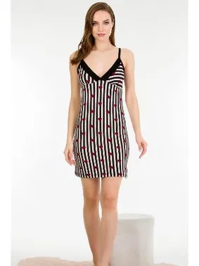Lady Desenli Askılı Pamuklu Çizgili Gecelik Lady 6170