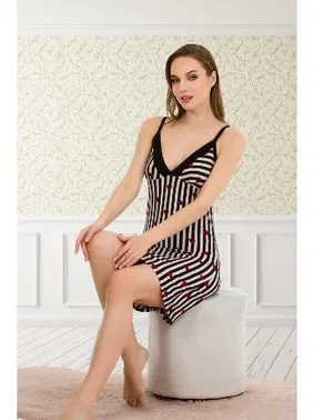 Lady Desenli Askılı Pamuklu Çizgili Gecelik Lady 6170 - Alternatif Görünüm