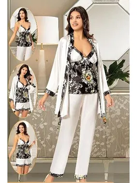 XSES Desenli Empirme 4Lü Saten Sabahlık Pijama Çeyiz Seti XSES 2155