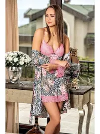 Ahu Lingerie Desenli Kapli Kısa İkili Saten Sabahlık Gecelik Takımı Loriva Ahu 1654