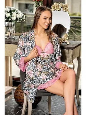 Ahu Lingerie Desenli Kapli Kısa İkili Saten Sabahlık Gecelik Takımı Loriva Ahu 1654 - Alternatif Görünüm
