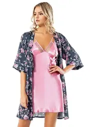 Ahu Lingerie Desenli Pembe Saten Sabahlık Gecelik Takımı Loriva Ahu 1708