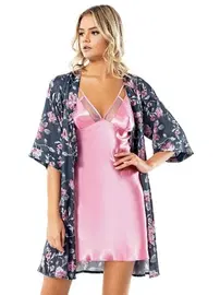 Ahu Lingerie Desenli Pembe Saten Sabahlık Gecelik Takımı Loriva Ahu 1708