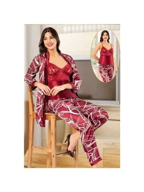 XSES Dijital Desenli Dantelli Saten Empirme 3Lü Sabahlık Pijama Çeyiz Seti XSES 2151