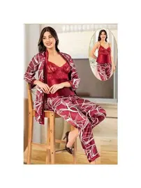 XSES Dijital Desenli Dantelli Saten Empirme 3Lü Sabahlık Pijama Çeyiz Seti XSES 2151