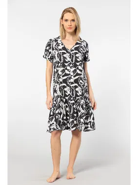 Türen V Yaka Dokuma Önden Düğmeli Kadın Elbise Türen 3603/Siyah