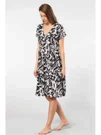 Türen Önden Düğmeli V Yaka Dokuma Kloş Elbise Türen 3602