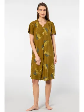 Türen Kısa Kollu Yaprak Desenli Dokuma Patlı Kadın Elbise Türen 3399