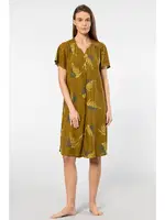 Kısa Kollu Yaprak Desenli Dokuma Patlı Kadın Elbise Türen 3399 Haki