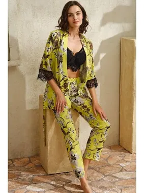 Anıl Çiçek Baskılı Dantelli Sabahlık Balenli Desteksiz Dolgusuz Büstiyer Pantolon Pijama 3'lü Takım Anıl 5747