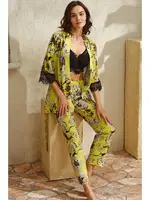 Çiçek Baskılı Dantelli Sabahlık Balenli Desteksiz Dolgusuz Büstiyer Pantolon Pijama 3'lü Takım Anıl 5747