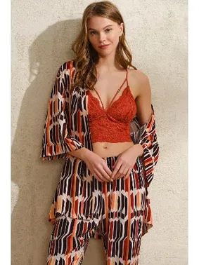 Anıl Geometrik Baskılı Sabahlık Dantelli Balensiz Desteksiz Dolgusuz Büstiyer Pantolon Pijama 3'lü Takım 6 Anıl 5746