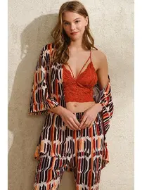 Anıl Geometrik Baskılı Sabahlık Dantelli Balensiz Desteksiz Dolgusuz Büstiyer Pantolon Pijama 3'lü Takım 6 Anıl 5746