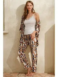 Anıl Geometrik Baskılı Sabahlık Mikro Kumaş Dantelli Atlet Dokuma Viskon Pantolon 3'lü Takım Anıl 5704