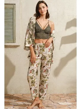 Anıl Keten Çiçek Baskılı Dokuma Viskon Sabahlık Balensiz Desteksiz Dolgusuz Dantelli Büstiyer Sütyen Pantolon Pijama 3'lü Takım Anıl 5705
