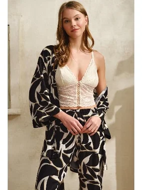Anıl Yaprak Baskılı Sabahlık Balensiz Desteksiz Dolgusuz Dantelli Bralet Sütyen Pantolon 3'lü Pijama Takım Anıl 5745