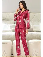 Düğmeli Gömlek Yaka Uzun Kollu Saten Empirme Pijama Çeyiz Seti XSES 2000 Bordo