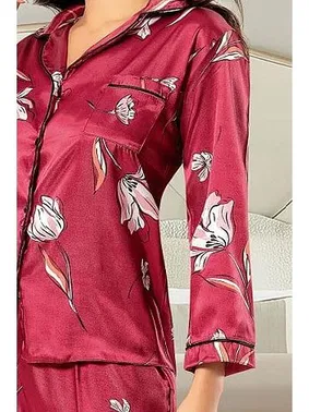 XSES Düğmeli Gömlek Yaka Uzun Kollu Saten Empirme Pijama Çeyiz Seti XSES 2000 - Alternatif Görünüm
