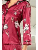 Düğmeli Gömlek Yaka Uzun Kollu Saten Empirme Pijama Çeyiz Seti XSES 2000 Bordo detay görünüm