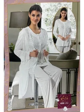 XSES Düğmeli Hamile Lohusa Sabahlık Dantelli 3Lü Pijama Takım XSES 4800