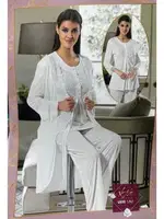 Düğmeli Hamile Lohusa Sabahlık Dantelli 3Lü Pijama Takım XSES 4800 Pudra