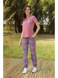 Doreanse Düğmeli Pembe Kareli Kadın T-Shirt Pijama Takımı Doreanse 4333