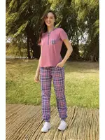 Düğmeli Pembe Kareli Kadın T-Shirt Pijama Takımı Doreanse 4333 Pembe
