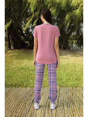 Doreanse Düğmeli Pembe Kareli Kadın T-Shirt Pijama Takımı Doreanse 4333 - Alternatif Görünüm