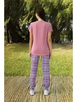 Düğmeli Pembe Kareli Kadın T-Shirt Pijama Takımı Doreanse 4333 Pembe detay görünüm