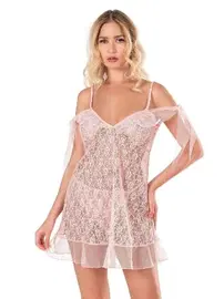 Ahu Lingerie Düşük Omuz Somon Dantel Fantezi Gecelik Ahu Primoda 4126