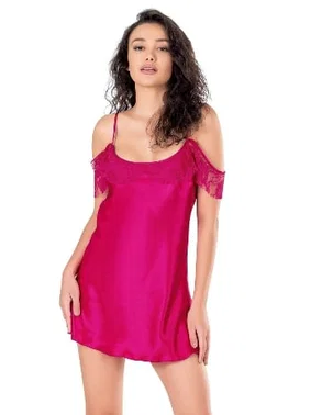 Ahu Lingerie Düşük Omuz Vişne Kısa Saten Gecelik Ahu Primoda 8140