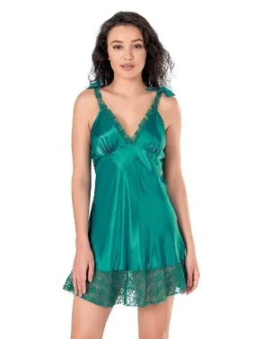 Ahu Lingerie EEtekli Dantel Zümrüt Kısa Saten Gecelik Ahu Primoda 8121