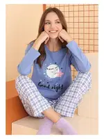 Ekose Mavi Good Night Baskılı Kadın NBB Pijama Takım 68082
