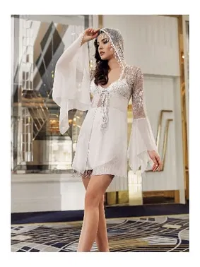 İmaj Ekru 2li Şifon Gecelik Takımı Sırtı Transparan Dantel Kapşon Detaylı İmaj 5201