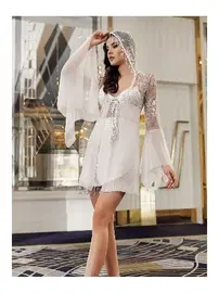 İmaj Ekru 2li Şifon Gecelik Takımı Sırtı Transparan Dantel Kapşon Detaylı İmaj 5201