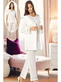 XSES Ekru Düğmeli Hamile Lohusa Sabahlık Pijama Takımı XSES 4850