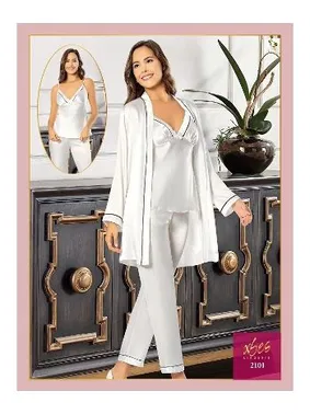 XSES Ekru İnce Askılı Saten 3Lü Sabahlık Pijama Çeyiz Seti XSES 2101