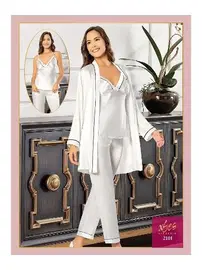 XSES Ekru İnce Askılı Saten 3Lü Sabahlık Pijama Çeyiz Seti XSES 2101