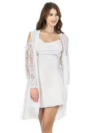 Ahu Lingerie Ekru Kısa İkili Saten Sabahlıklı Gecelik Takımı Ahu 7625