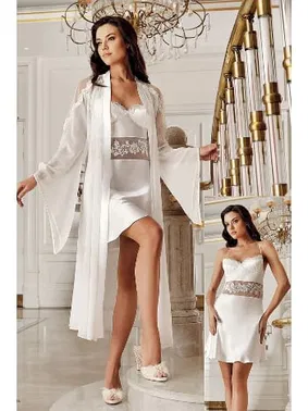 İmaj Ekru Sabahlıklı Gecelik 2li Çeyizlik Saten Set İmaj 4201