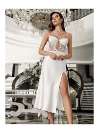 İmaj Ekru Saten Fantazi 2'li Gecelik Takımı Transparan Dantel Detaylı İmaj 3202