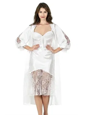 Ahu Lingerie Ekru Uzun İkili Saten Sabahlık Gecelik Takımı Ahu 7628