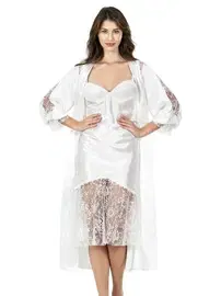 Ahu Lingerie Ekru Uzun İkili Saten Sabahlık Gecelik Takımı Ahu 7628