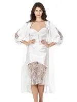 Ekru Uzun İkili Saten Sabahlık Gecelik Takımı Ahu 7628 Ekru