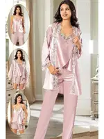 Empirme 4Lü Pudra Saten Sabahlık Şort Pijama Çeyiz Seti XSES 2165 Pudra