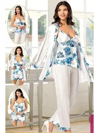 XSES Empirme 4Lü Saten Desenli Sabahlık Pijama Çeyiz Seti XSES 2155